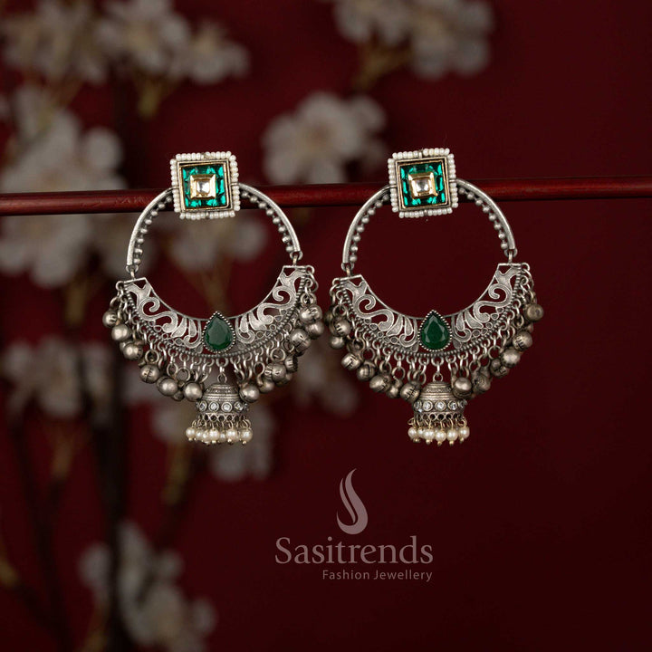 Grand antique green oxidised square hoop chandbali earrings by Sasitrends featuring refined craftsmanship, bold geometric styling and elegant pearl drops perfect for Navarathri wear and traditional celebrations.
