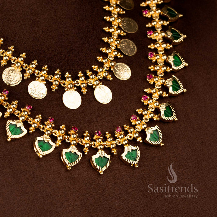 Sasitrends Kerala style green palakka Lakshmi coin necklace in micro gold plated finish that looks like real gold jewellery with rich temple design