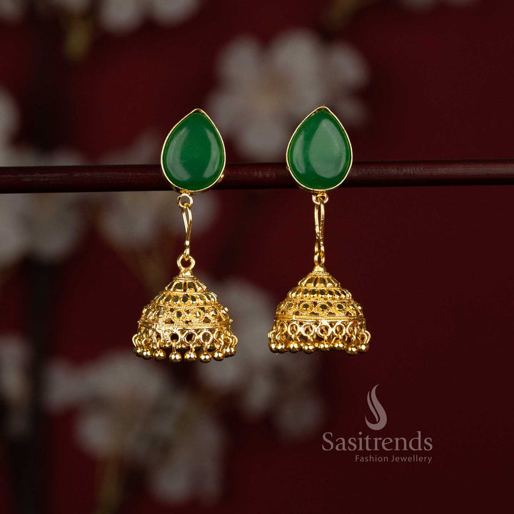 Sasitrends trendy gold plated jhumka earrings with green pear motif drop design for girls
