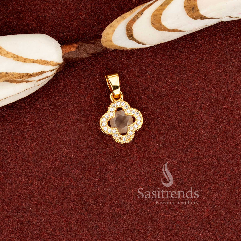 Sasitrends guaranteed 1 gram 24K micro gold plated clover floral grey AD stone pendant featuring a radiant layered halo frame structure crafted with intricate detailing for elegant festive and traditional styling