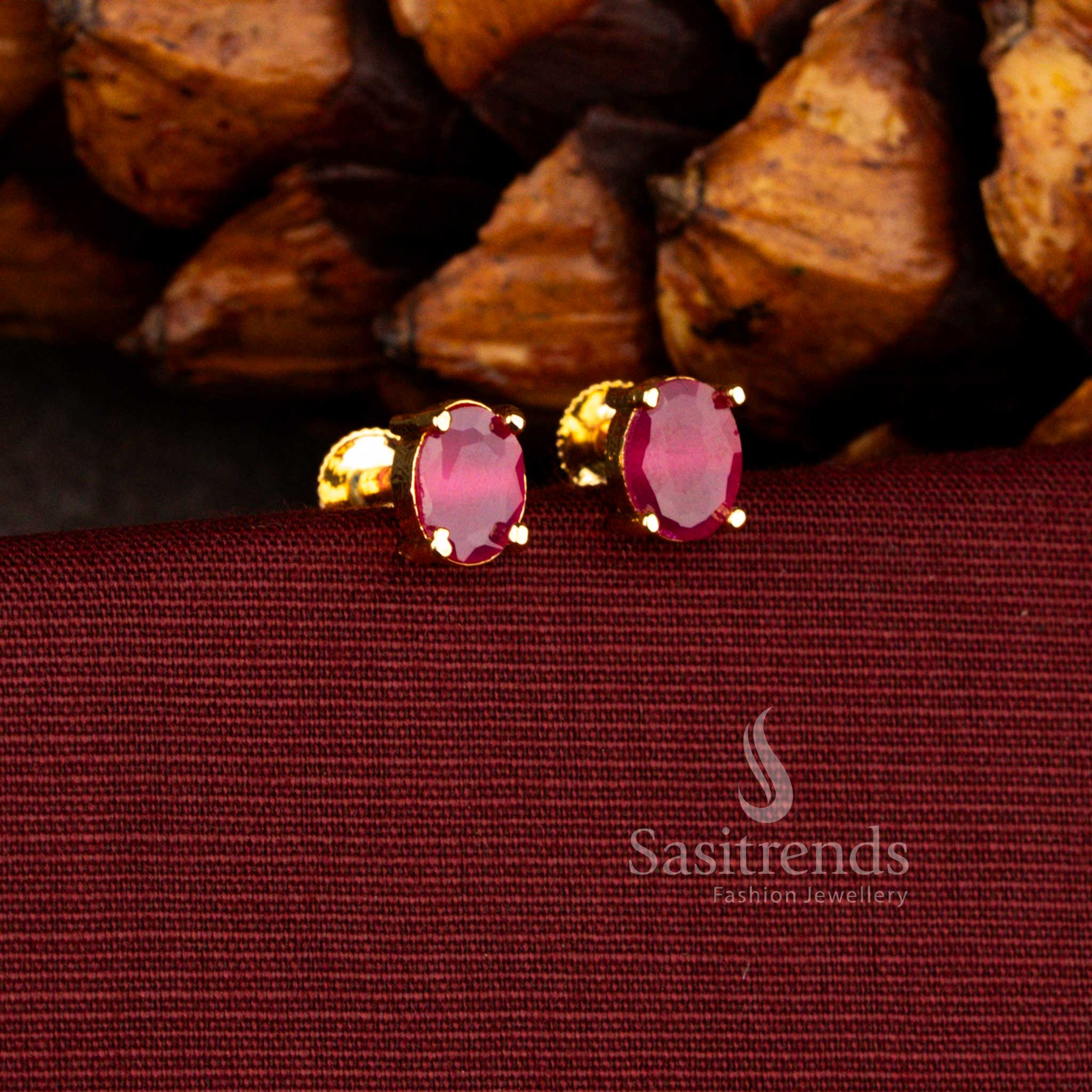 Sasitrends 24K micro gold plated elegant oval solitaire ruby stud earrings with classic prong setting for office and daily wear