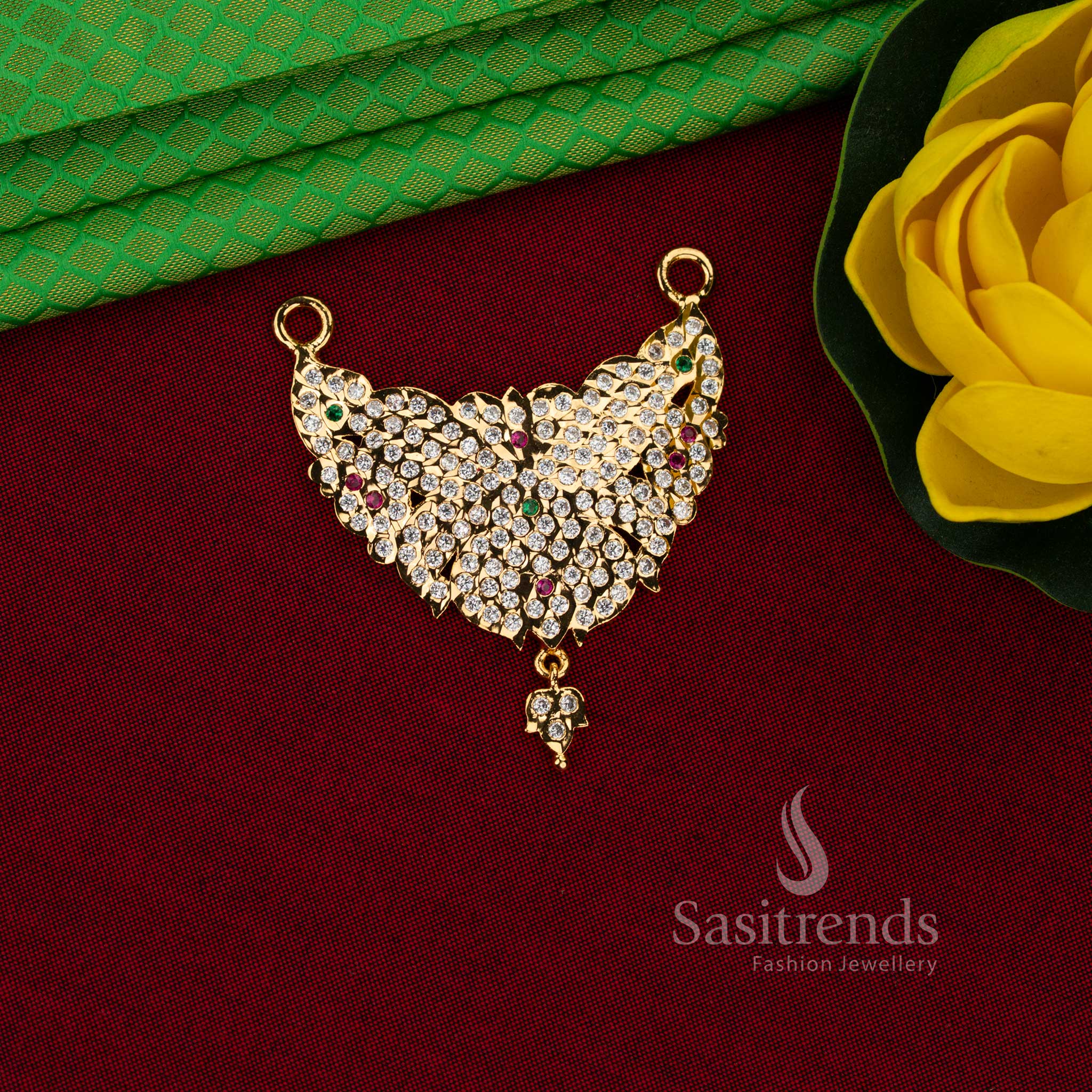 Sasitrends Impon addigai pendant with one gram micro gold plated finish and white ruby green AD stone filigree inspired floral pattern