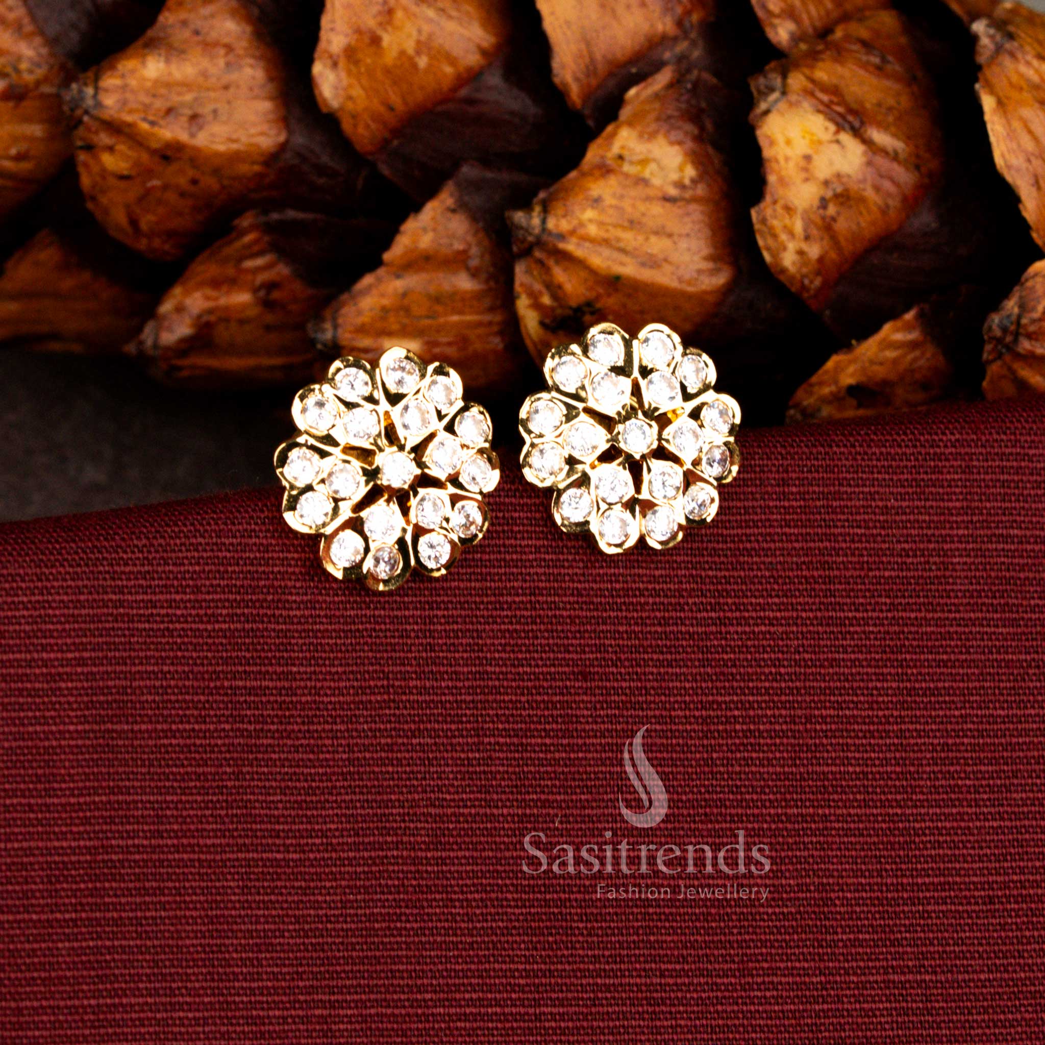 Sasitrends 24K micro gold plated 1 gram jewellery floral cluster white AD stone stud earrings with guaranteed real gold look