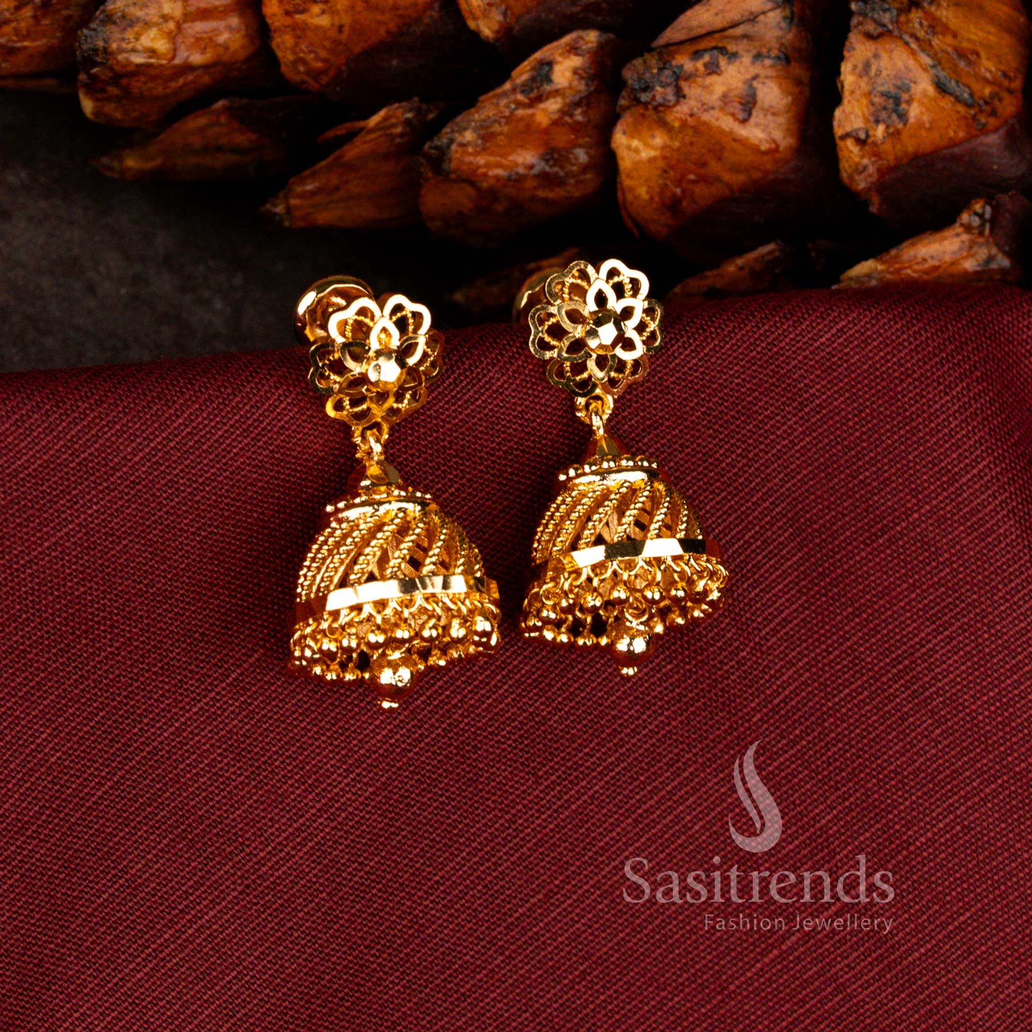 Sasitrends guaranteed 24K micro gold plated traditional temple floral jhumka earrings with real gold look finish, perfect for bridal, wedding and festive wear jewellery styling