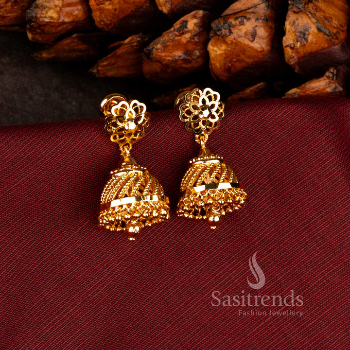 Sasitrends guaranteed 24K micro gold plated traditional temple floral jhumka earrings with real gold look finish, perfect for bridal, wedding and festive wear jewellery styling