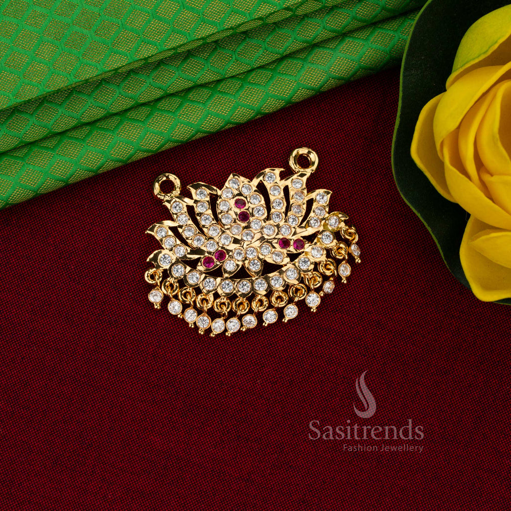 Sasitrends lotus motif impon addigai Micro gold plated lotus White ruby AD stone pendant with layered petal structure and hanging drops