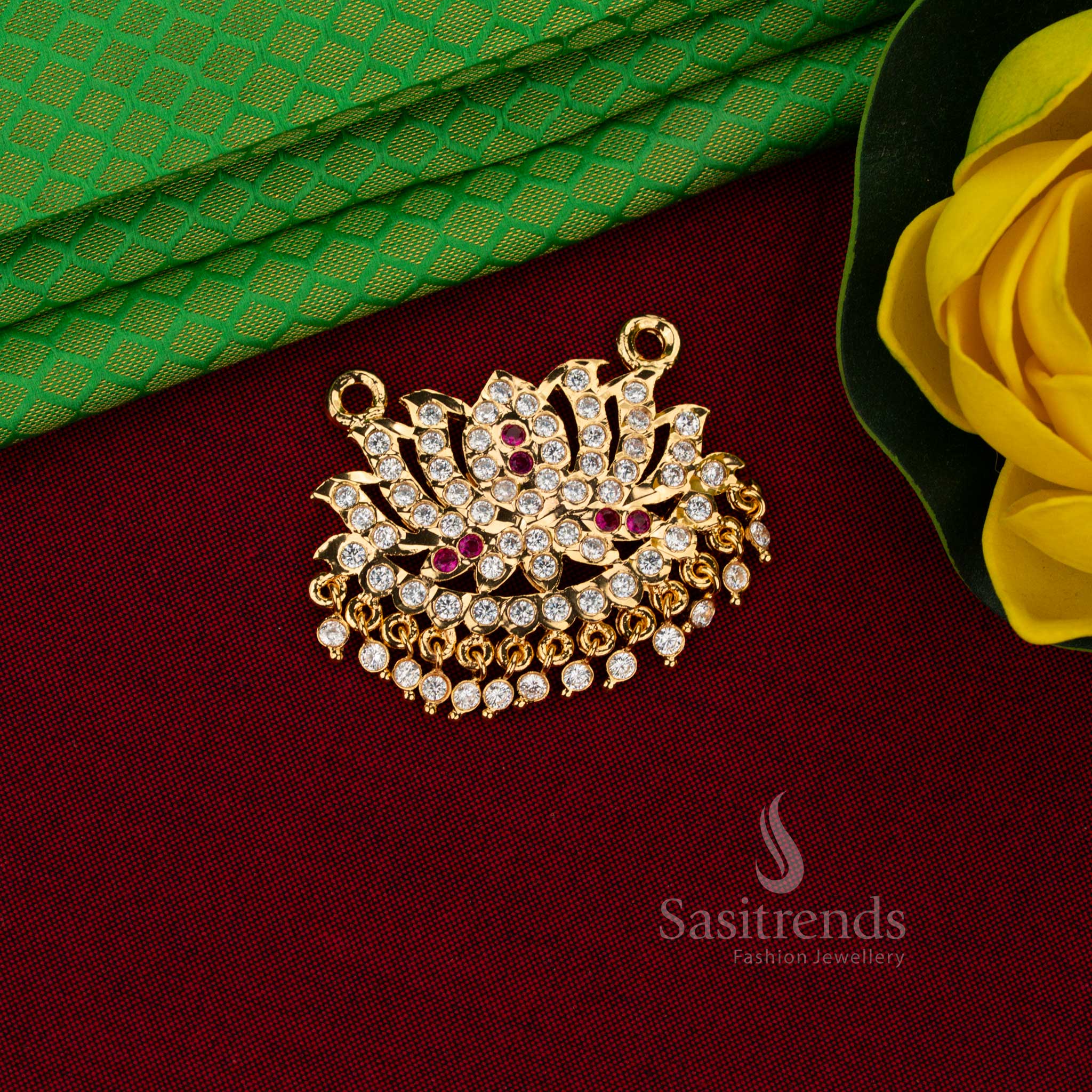 Sasitrends lotus motif impon addigai Micro gold plated lotus White ruby AD stone pendant with layered petal structure and hanging drops