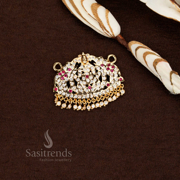 Sasitrends Impon Gajalakshmi motif pendant with Goddess Lakshmi at center and two elephants on both sides crafted with white ruby AD stones