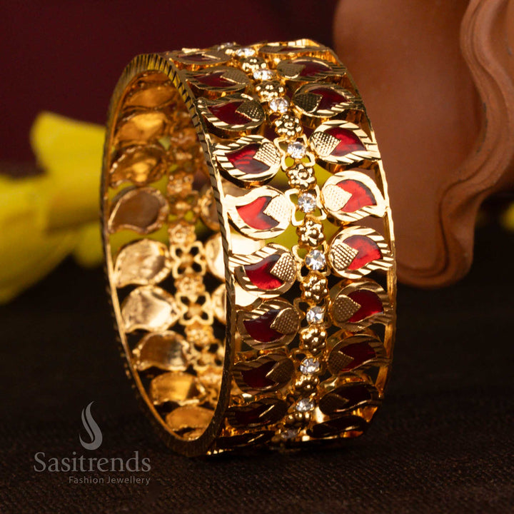 Sasitrends Kerala traditional micro gold plated mango red palakka bangle featuring double row design and AD stone detailing in real gold look finish