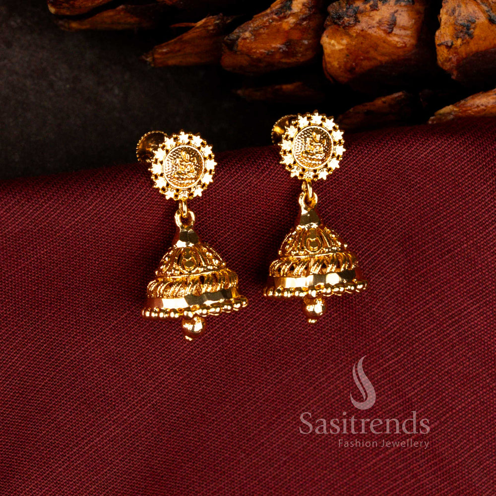 Sasitrends guaranteed micro gold plated lakshmi motif heritage temple style jhumka earrings with real gold finish designed for bridal and traditional celebration wear