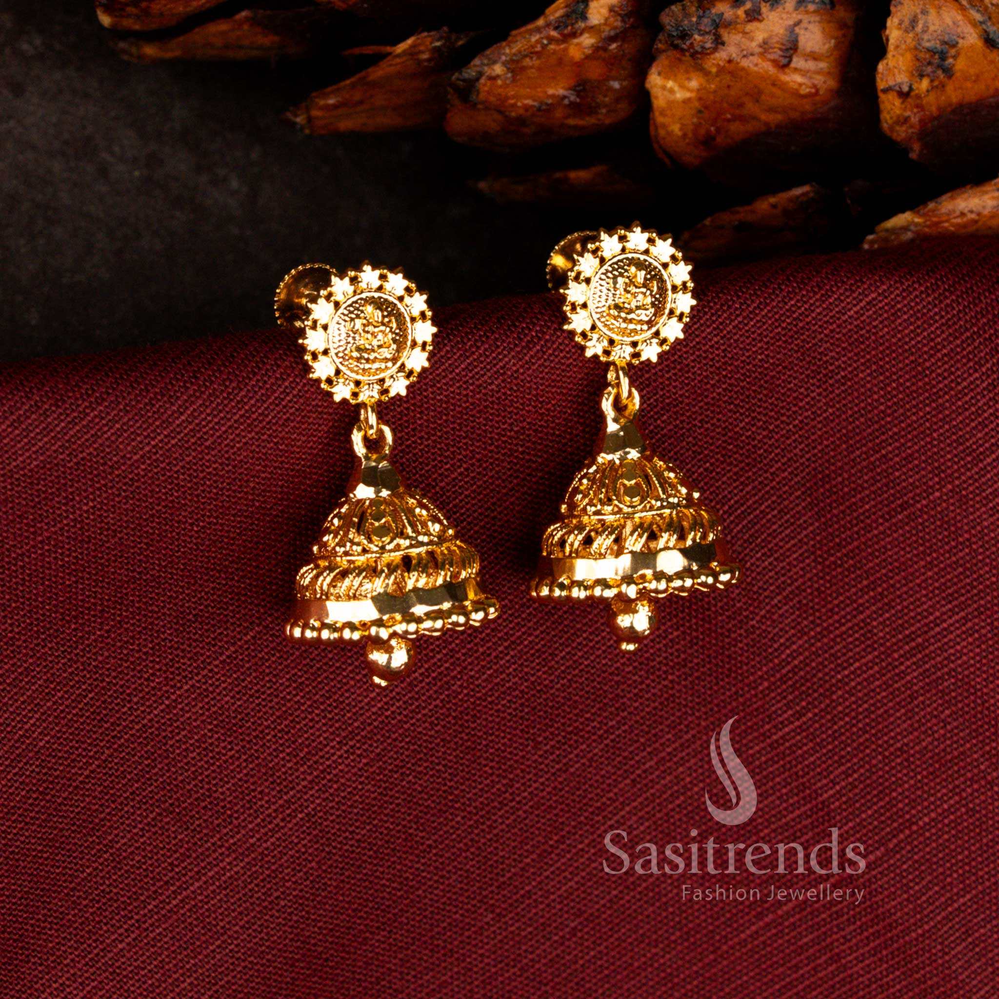 Sasitrends guaranteed micro gold plated lakshmi motif heritage temple style jhumka earrings with real gold finish designed for bridal and traditional celebration wear