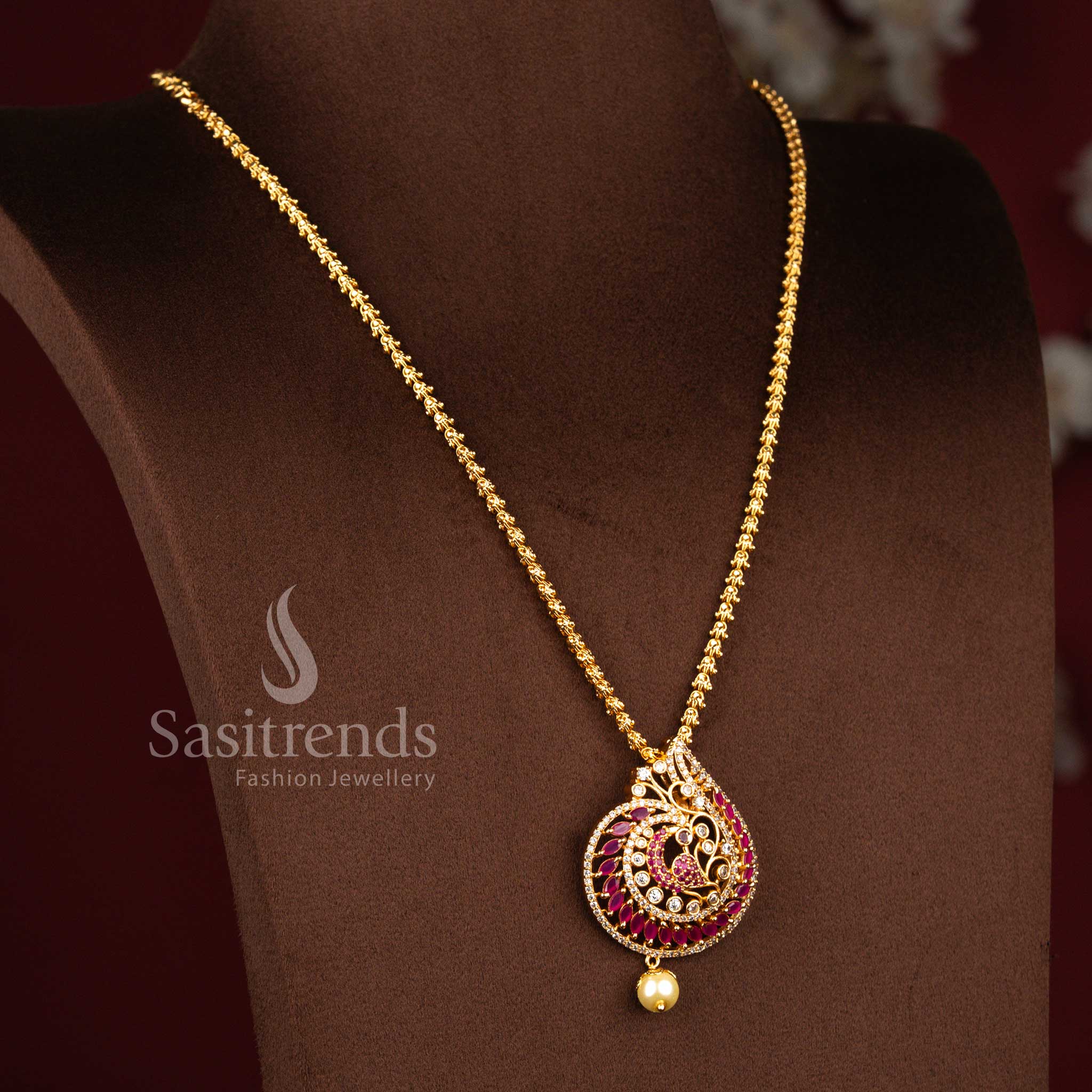 One Gram Micro Gold Plated Peacock Swirl AD Stone Dasavatharam Necklace for Women - Sasitrends