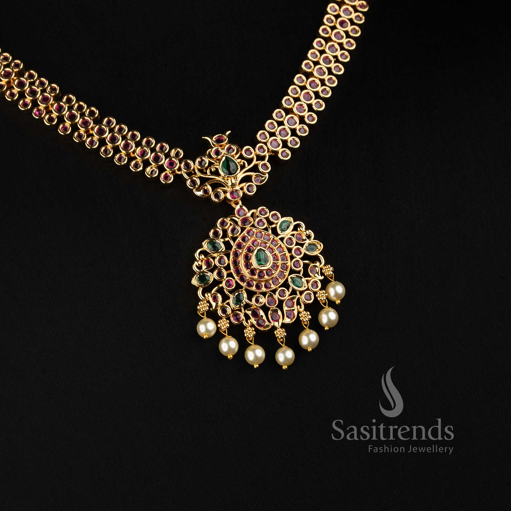 Sasitrends guaranteed micro gold plated double row AD necklace jewellery set with pearl hanging drops