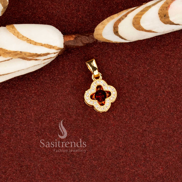 Sasitrends guaranteed micro gold plated garnet AD stone clover floral pendant crafted with a structured layered stone frame and refined craftsmanship delivering a rich real gold look finish