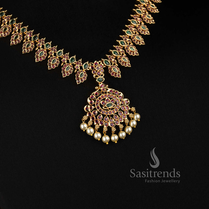 Sasitrends guaranteed micro gold plated leaf pattern AD stone necklace set with pearl hanging drops