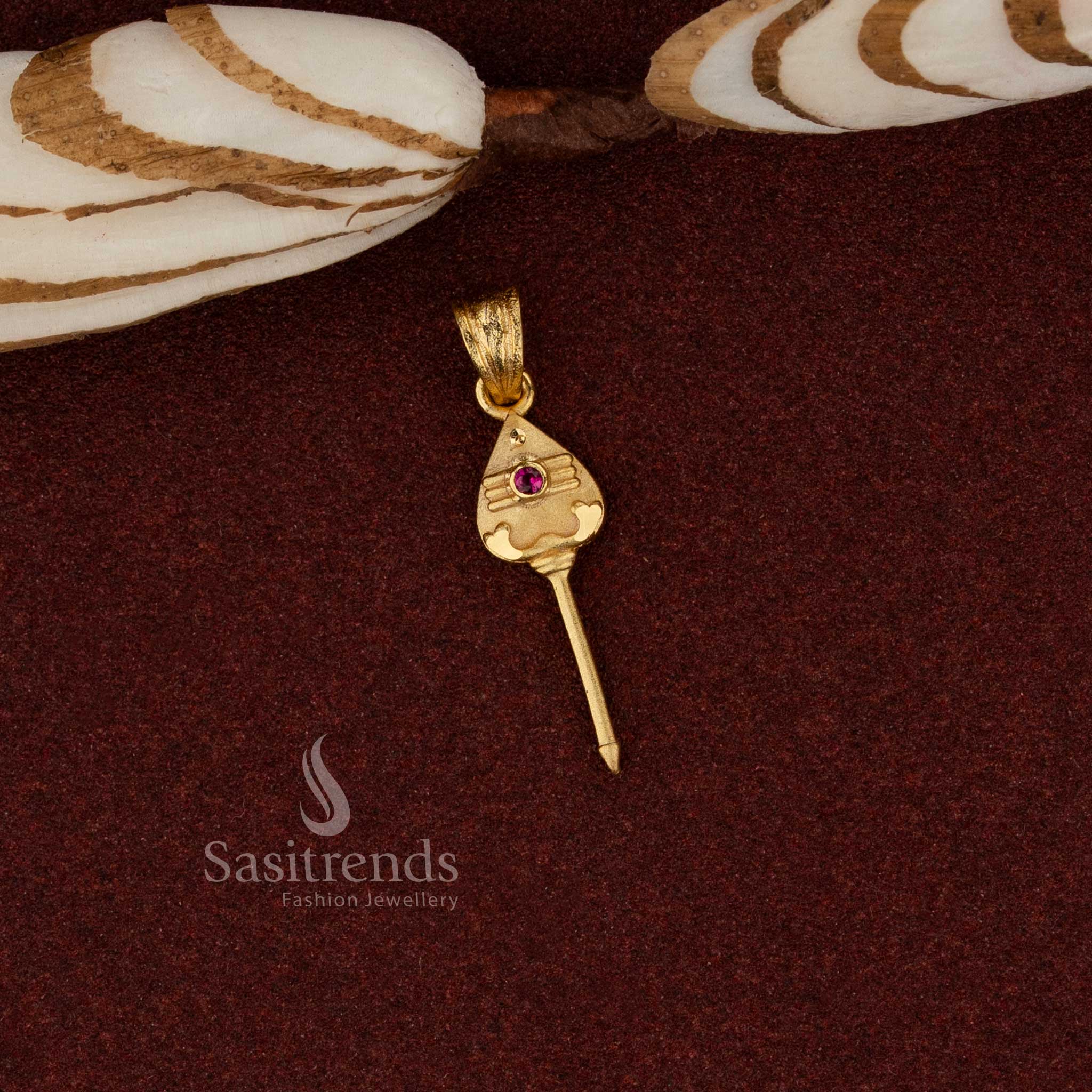 Sasitrends guaranteed micro gold plated traditional forming vel pendant crafted with intricate detailing perfect for temple visits, festive rituals and heritage jewellery styling