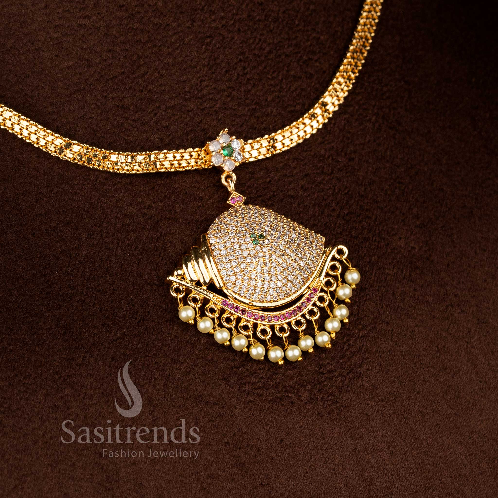Sasitrends guaranteed traditional vishnu sangu 24k micro plated vishnu sangu multi ad stone attigai necklace