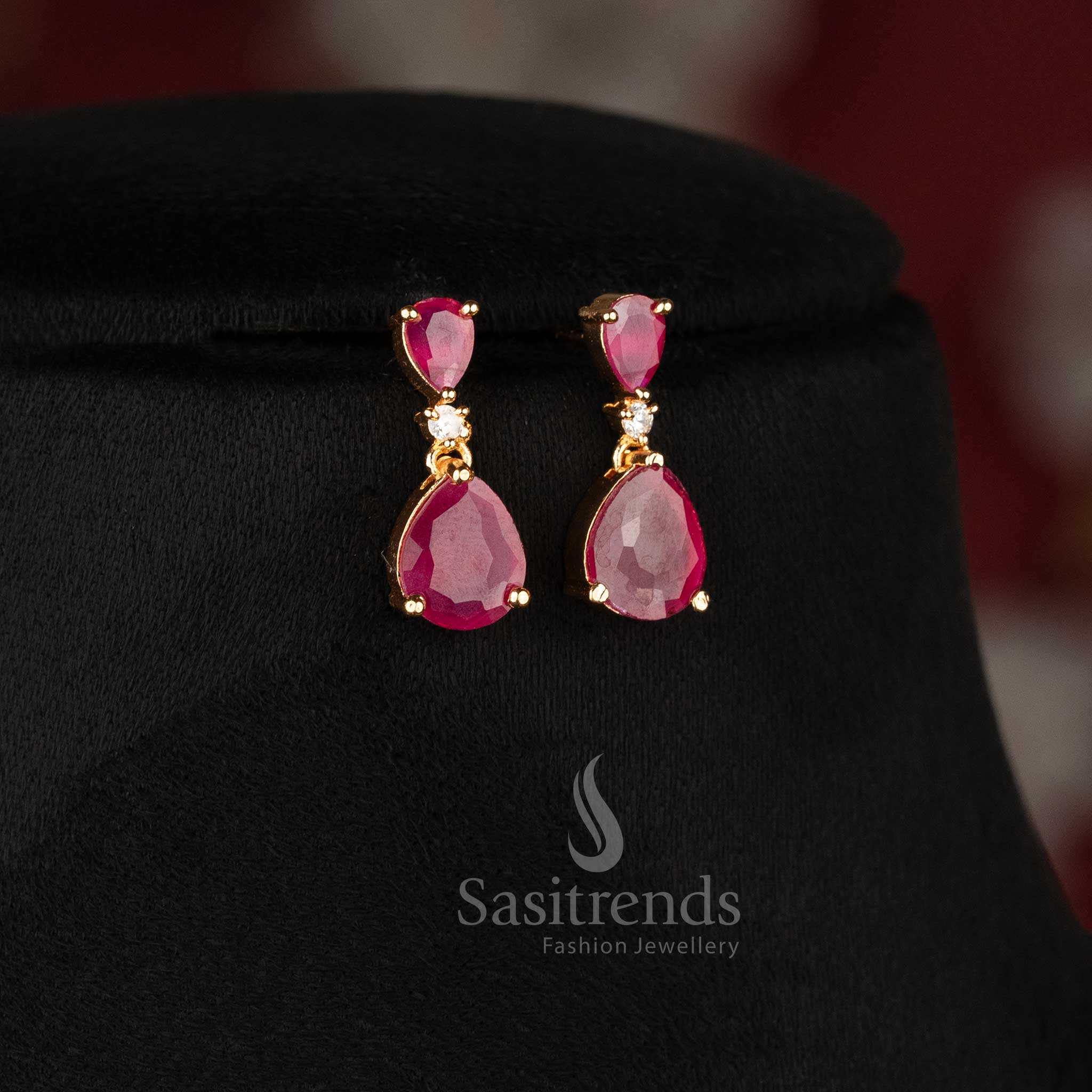 Guaranteed One Gram Micro Gold Plated Ruby American Diamond Teardrop Linked Necklace Jewellery Set | Perfect for Party Wear - Sasitrends