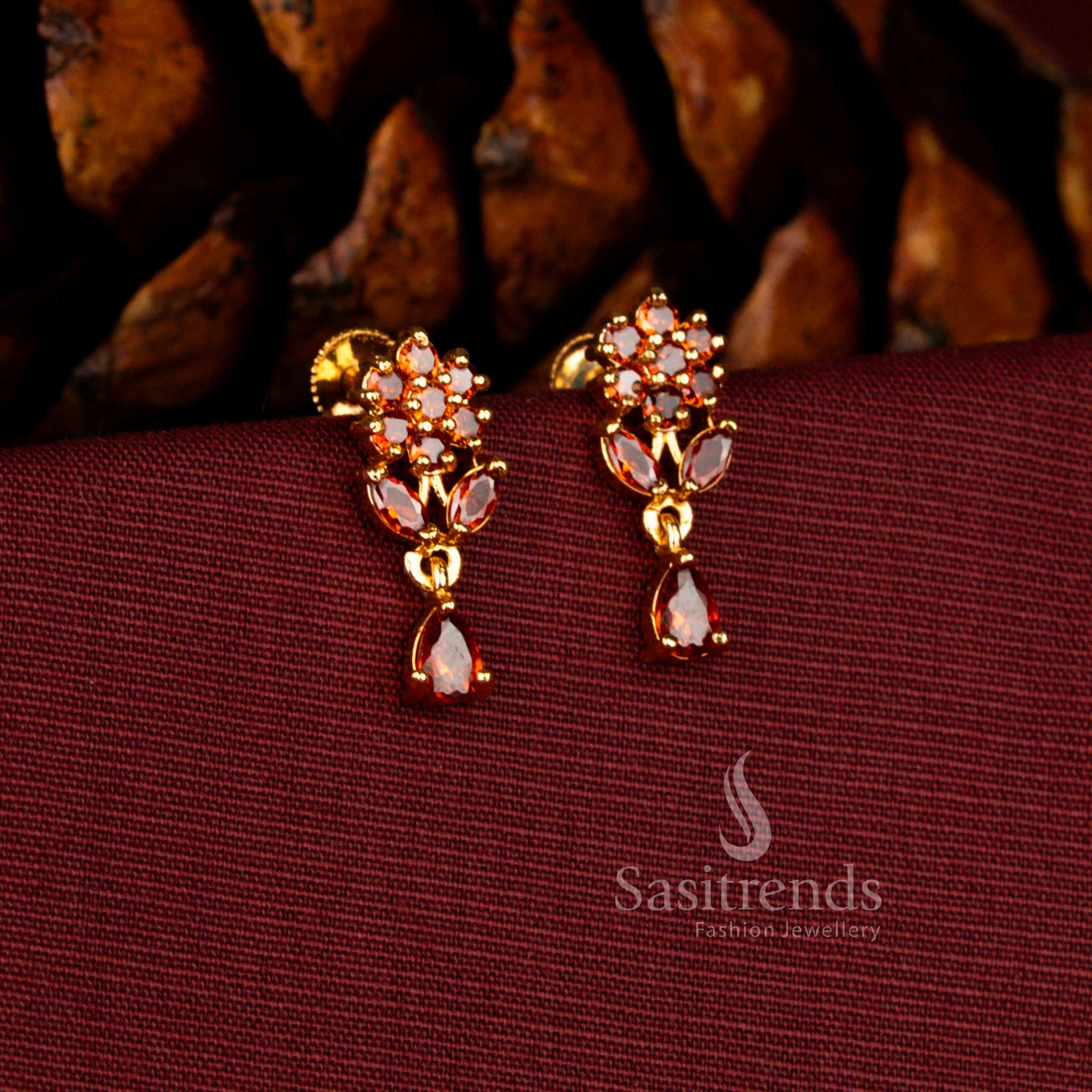 Traditional flower and leaf design real gold look micro gold plated orange Ad stone dangler earrings for wedding functions - Sasitrends
