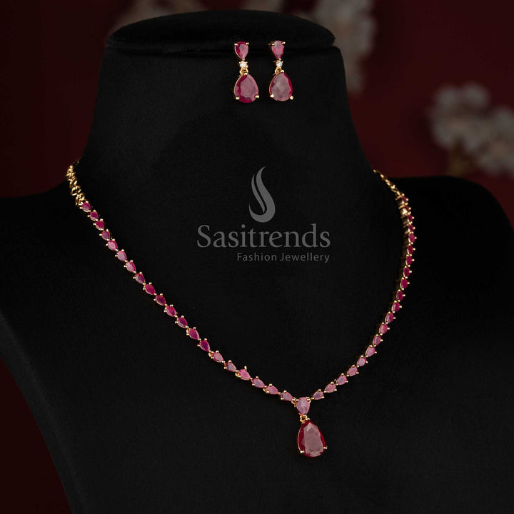 Guaranteed One Gram Micro Gold Plated Ruby American Diamond Teardrop Linked Necklace Jewellery Set | Perfect for Party Wear
