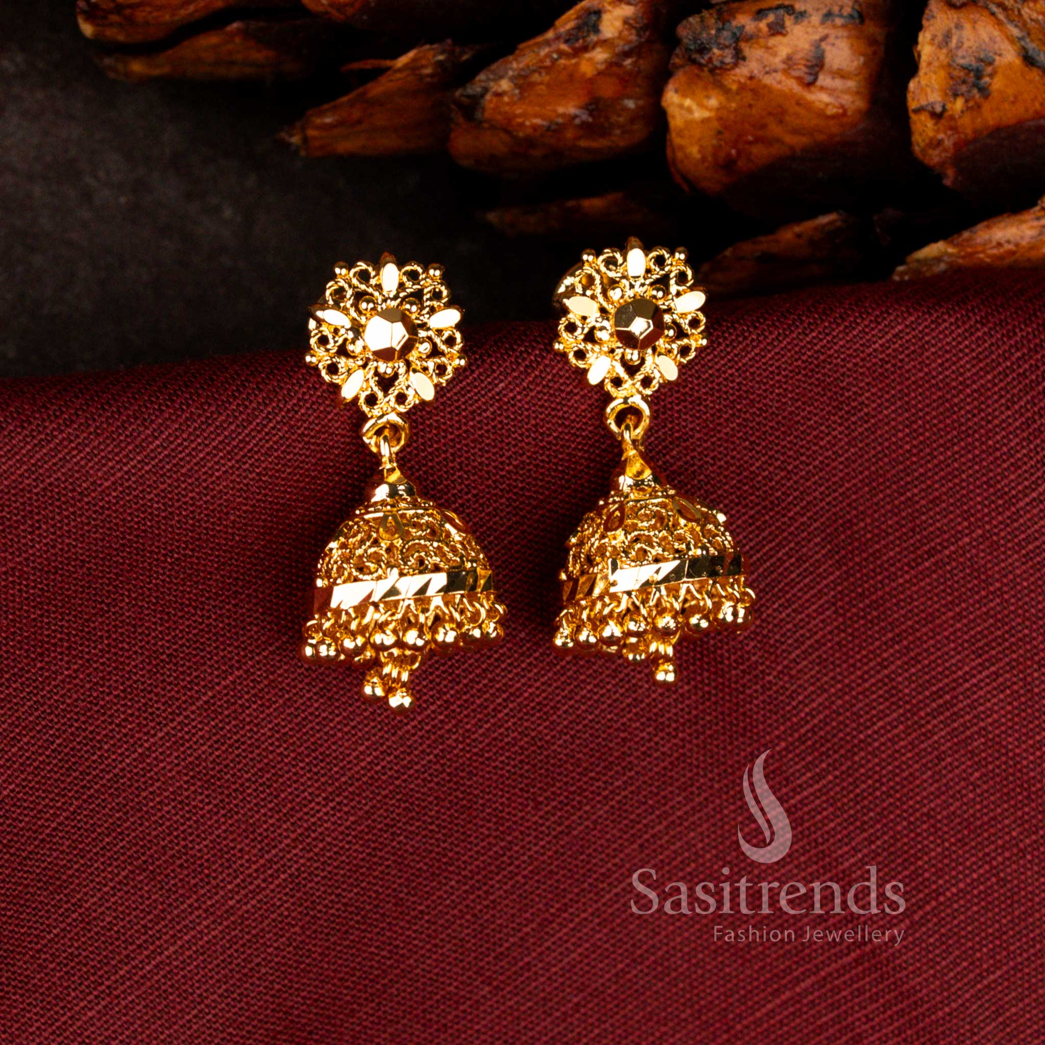 Sasitrends guaranteed one gram micro gold plated vintage temple Star Floral jhumka earrings with grand real gold appearance for wedding and festive jewellery styling