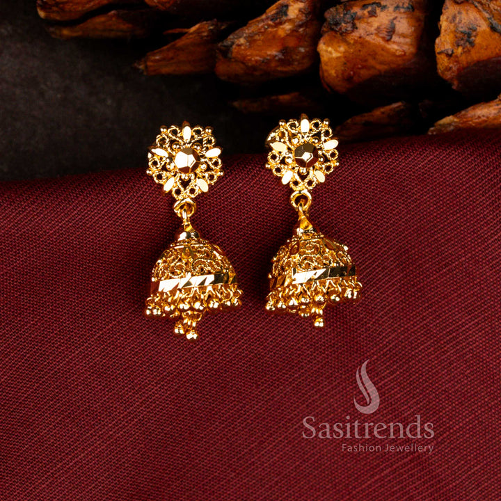 Sasitrends guaranteed one gram micro gold plated vintage temple Star Floral jhumka earrings with grand real gold appearance for wedding and festive jewellery styling