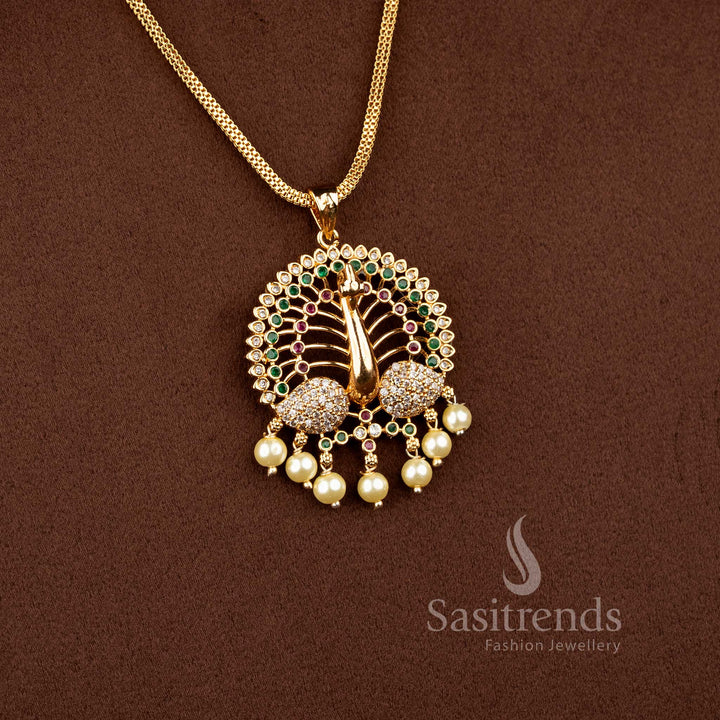 Guaranteed 24K Micro Gold Plated AD Stone Peacock Design Pendant Chain Necklace with Layered Circular Frame and Pearl Drop Structure | Real Gold Look 1 Gram Jewellery