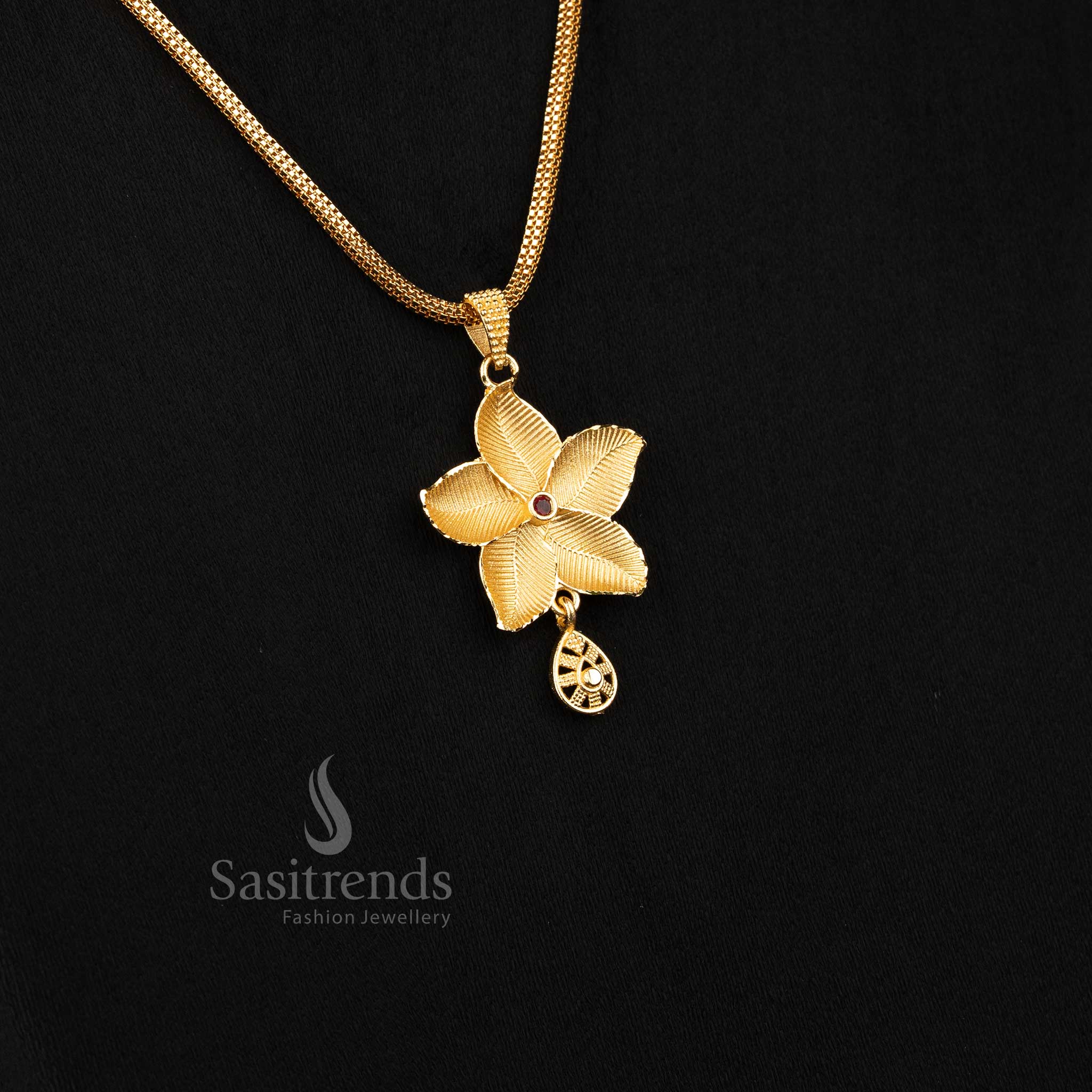 Sasitrends Traditional One gram micro gold plated elegant necklace featuring layered flower design pendant with drop element 