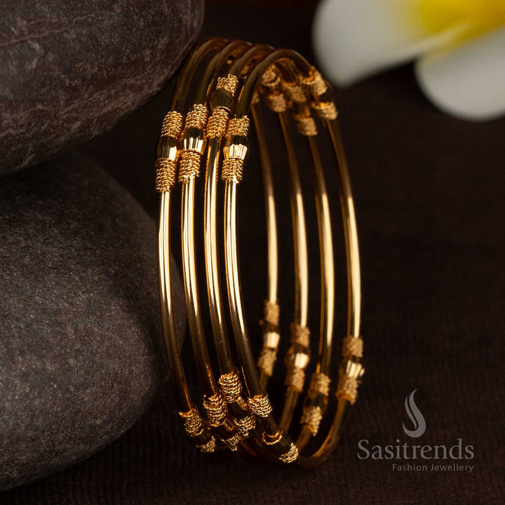 Real Gold Look 24K Micro Gold Plated Twisted Rope Texture Slim 4 Set Bangles with Granulated Bead Accents