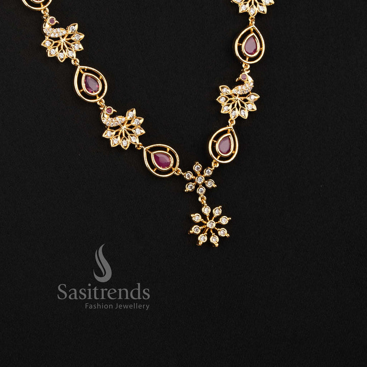 Sasitrends micro gold plated Impon Addigai jewellery featuring peacock-inspired ornamental detailing, floral motifs and pear-shaped AD stone sections 