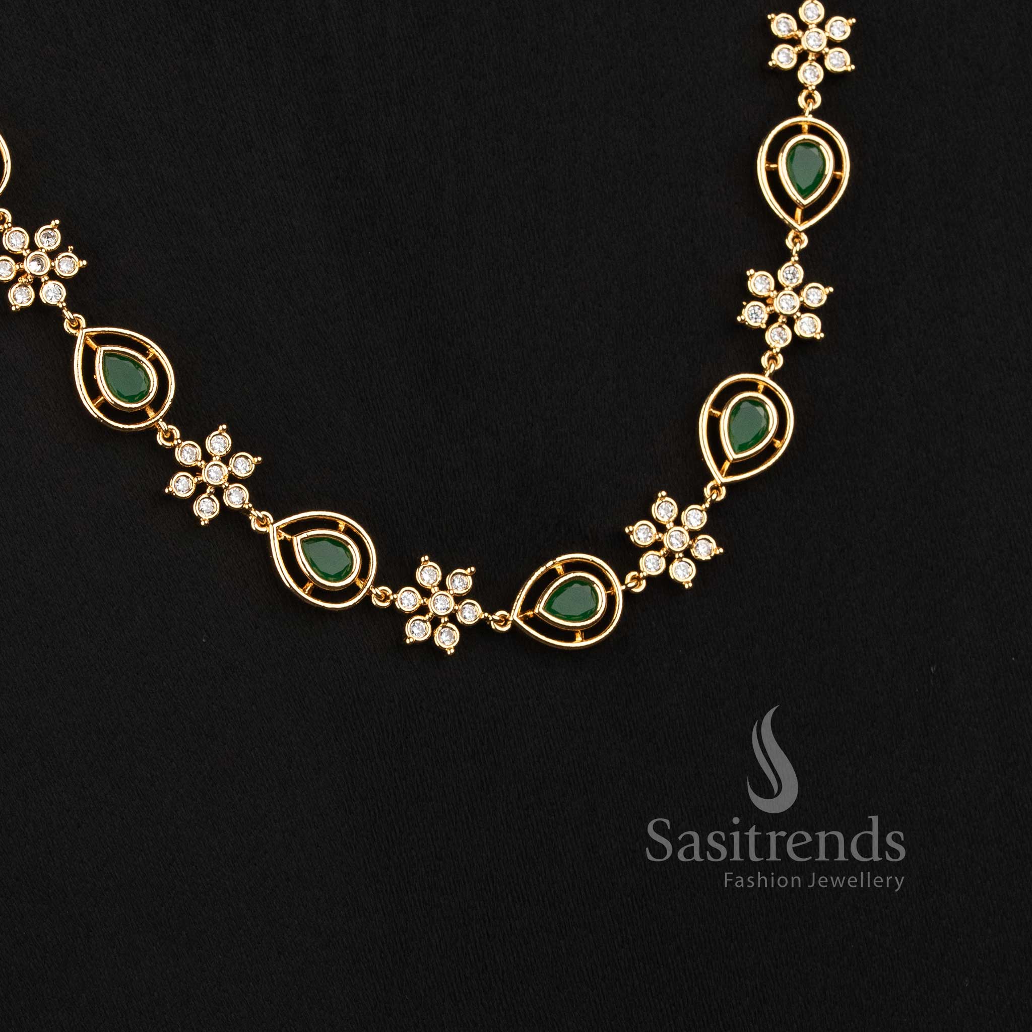 Sasitrends guaranteed real gold look micro gold plated necklace with intricate floral AD stone motifs and elegant pear-shaped sections 
