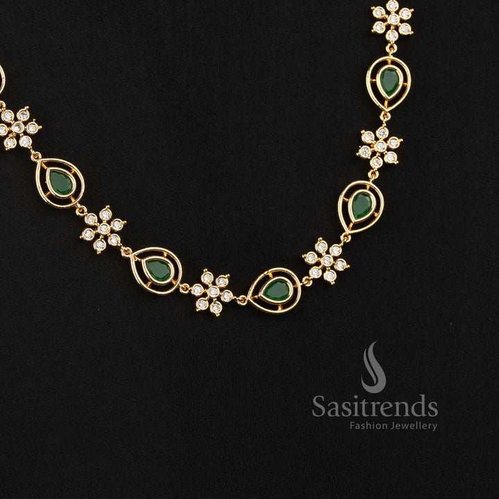 Sasitrends guaranteed real gold look micro gold plated necklace with intricate floral AD stone motifs and elegant pear-shaped sections 