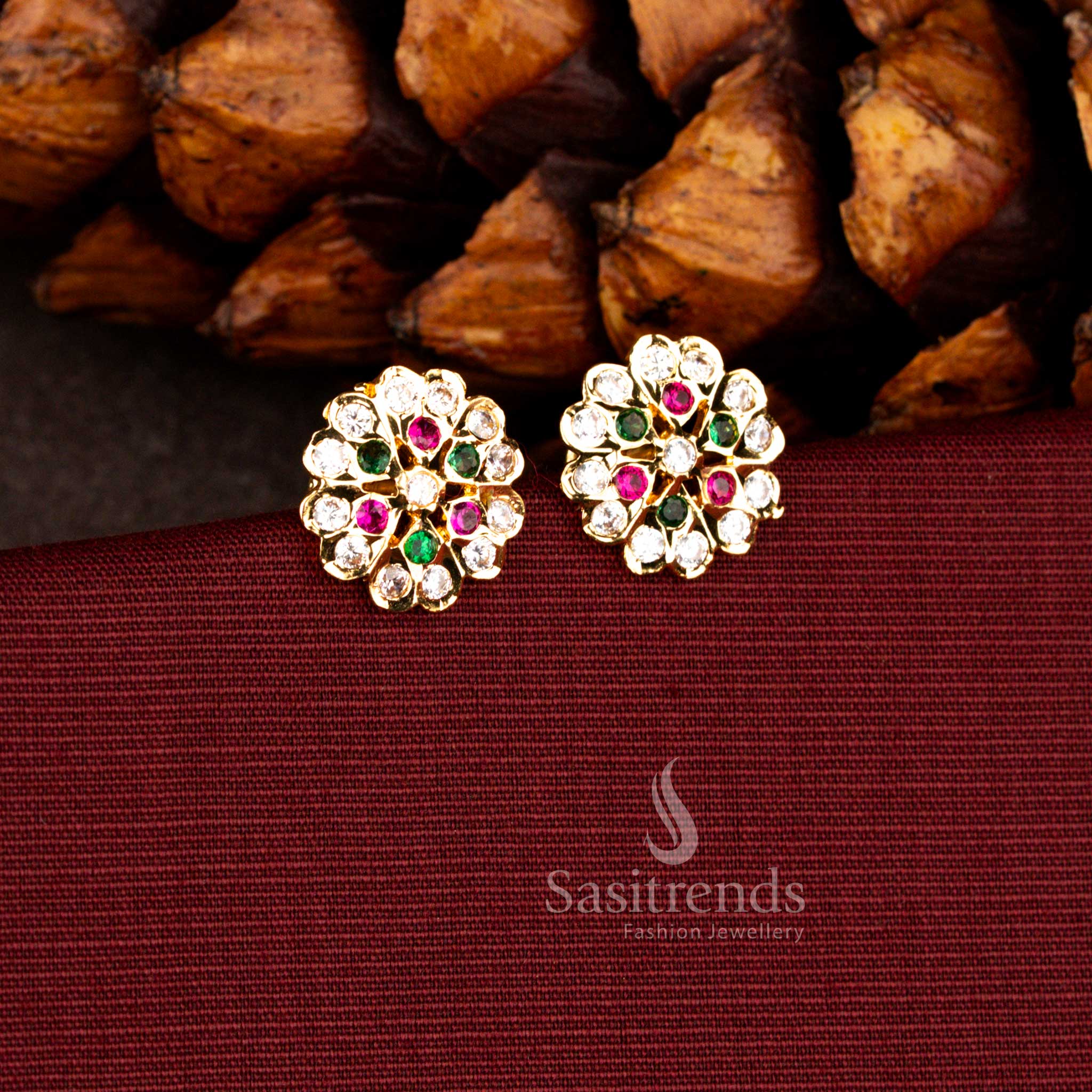 Sasitrends guaranteed gold look traditional impon micro gold plated multi Ad stone cluster earrings for weddings and temple wear
