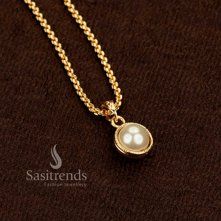 Sasitrends 24k micro gold plated pearl pendant necklace featuring fine link chain structure, traditional and daily wear