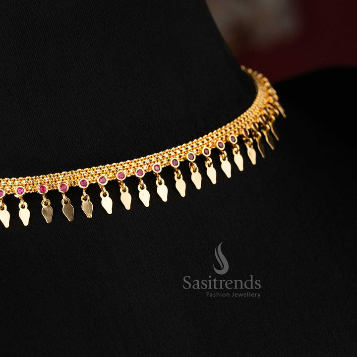 Sasitrends real gold look 1 gram micro gold plated jewellery choker featuring delicate fringe drop elements and structured stone row