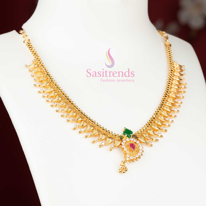 Sasitrends micro gold plated multi AD stone necklace with leaf fringe design and centre pendant with hanging drop