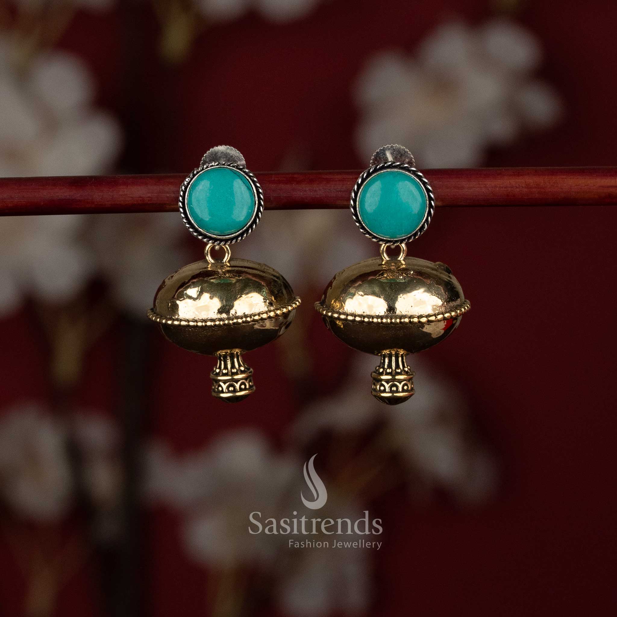 Sasitrends oxidised dome drop stone earrings with round stud top and polished bell structure