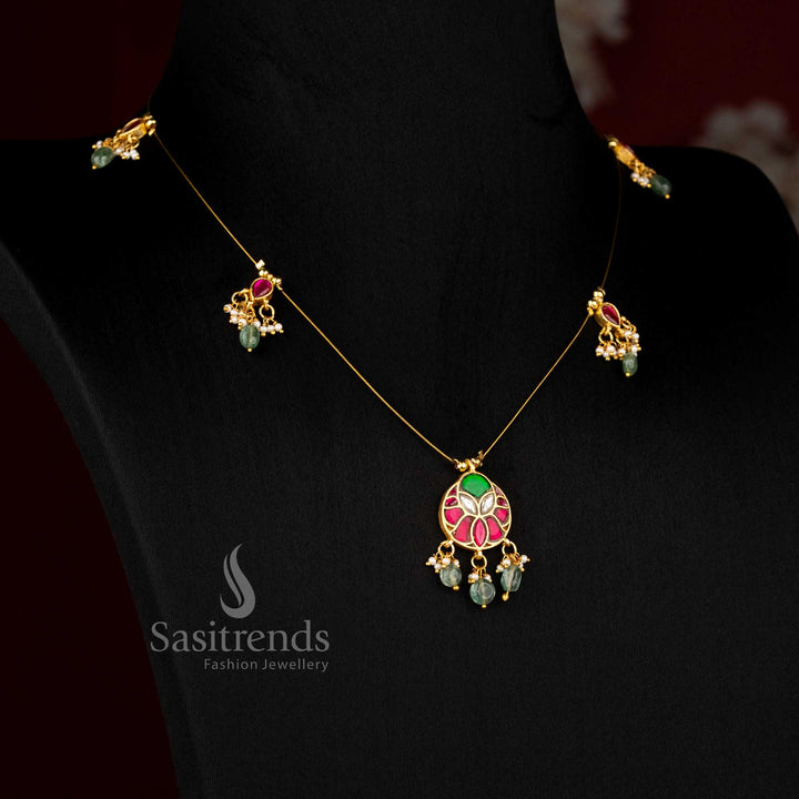 Sasitrends heritage style jadau invisible chain 24K gold plated necklace crafted with intricate motif work and pearl accents for traditional styling