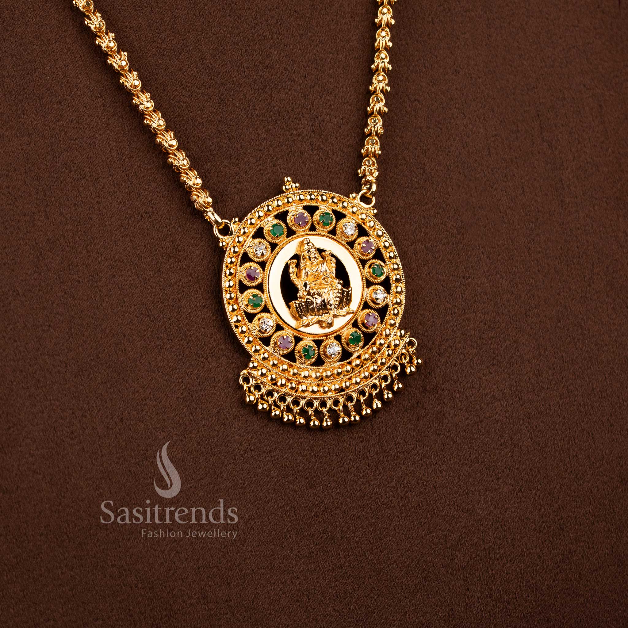 Sasitrends heritage style one gram micro gold plated Lakshmi motif pendant chain necklace crafted with AD stone circular frame detailing for traditional jewellery collections
