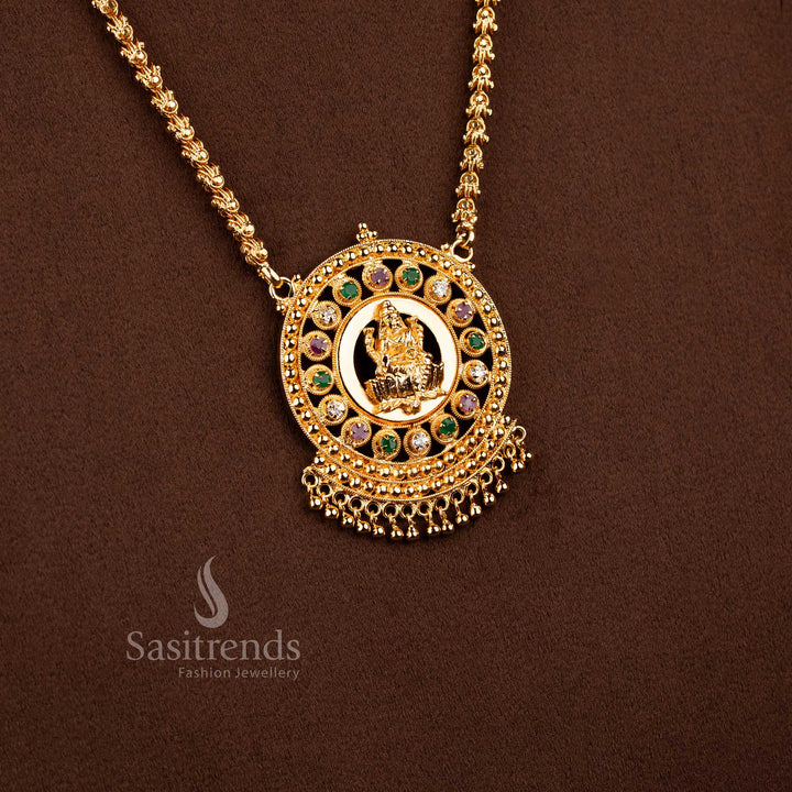 Sasitrends heritage style one gram micro gold plated Lakshmi motif pendant chain necklace crafted with AD stone circular frame detailing for traditional jewellery collections