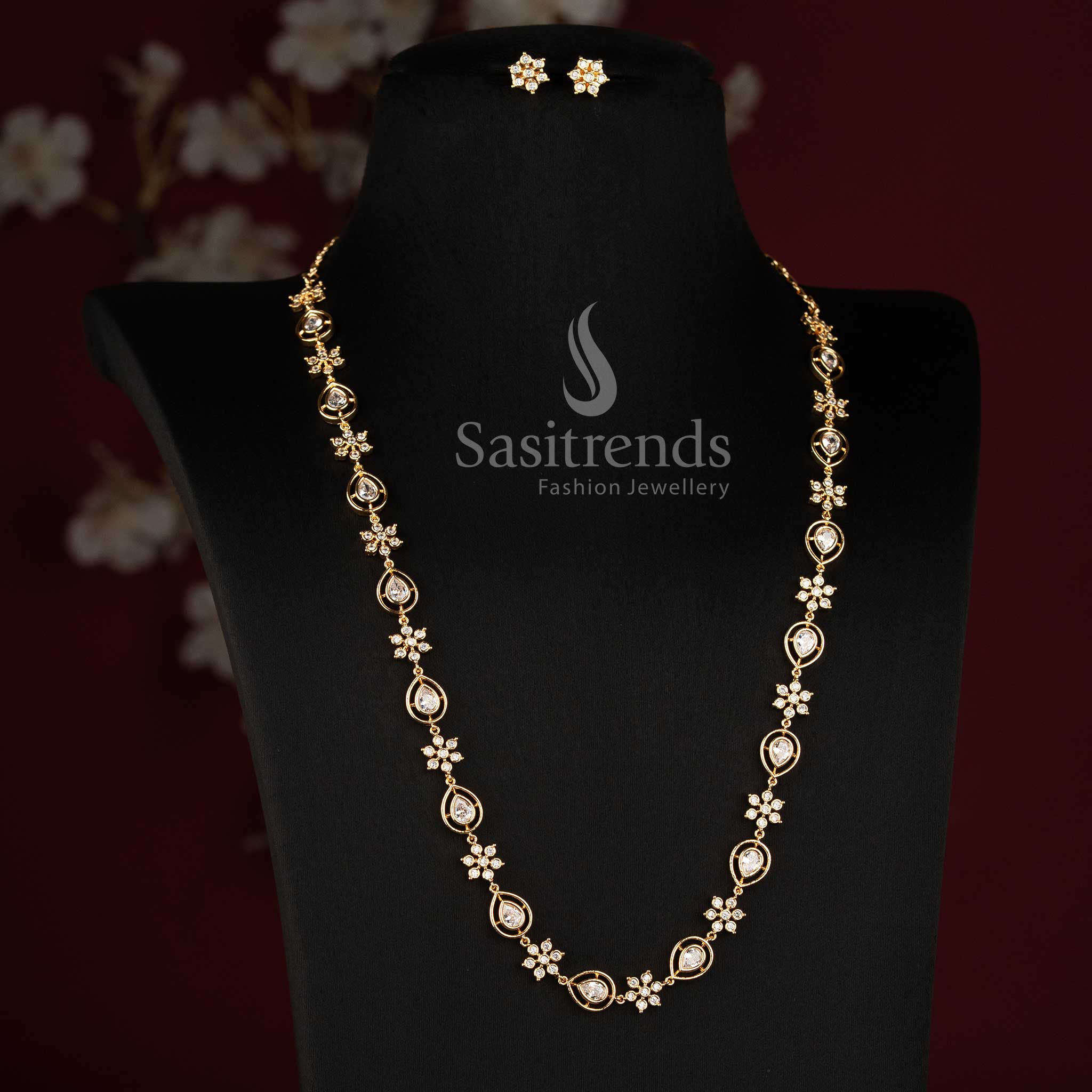 Sasitrends 24K pure gold plated Impon Addigai necklace set with elegant floral stone clusters arranged in a short and long necklace style 