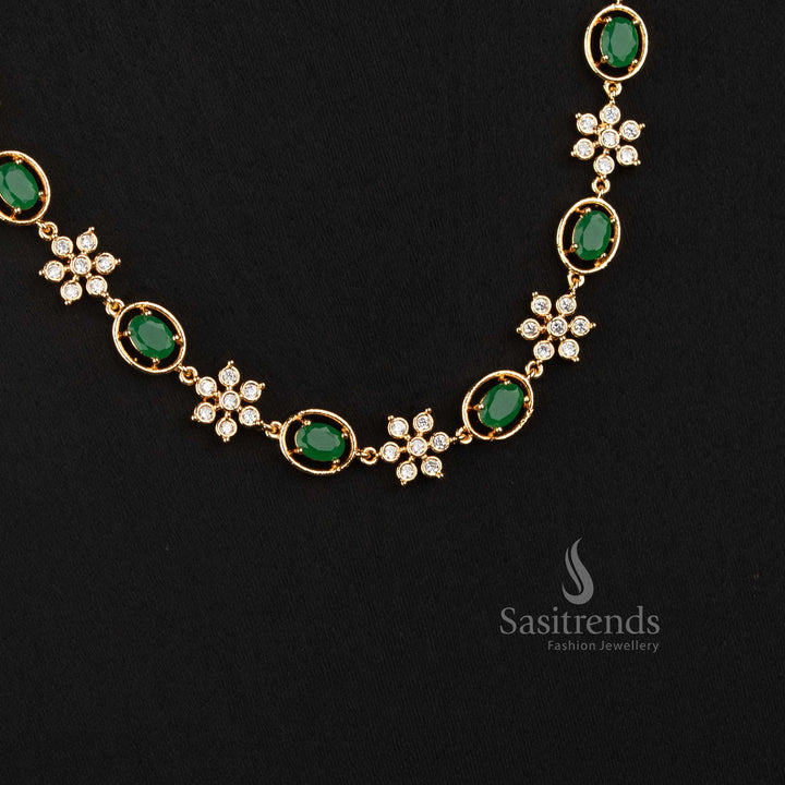 Sasitrends guaranteed real gold look micro gold plated necklace with floral AD stone clusters and decorative oval motif settings 