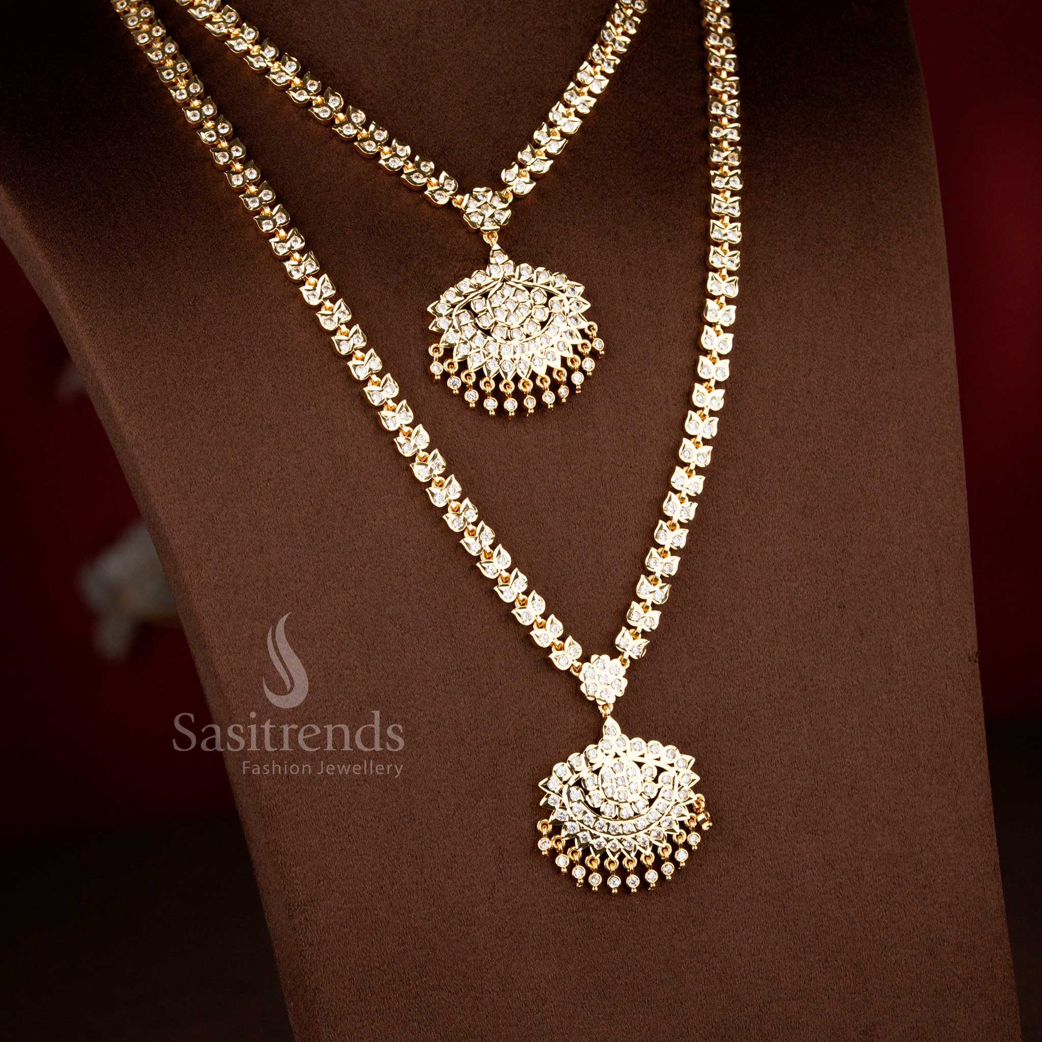 Impon Addigai double layer micro gold plated necklace with white AD stone detailing, featuring a structured linked chain design and traditional dome pendant by Sasitrends
