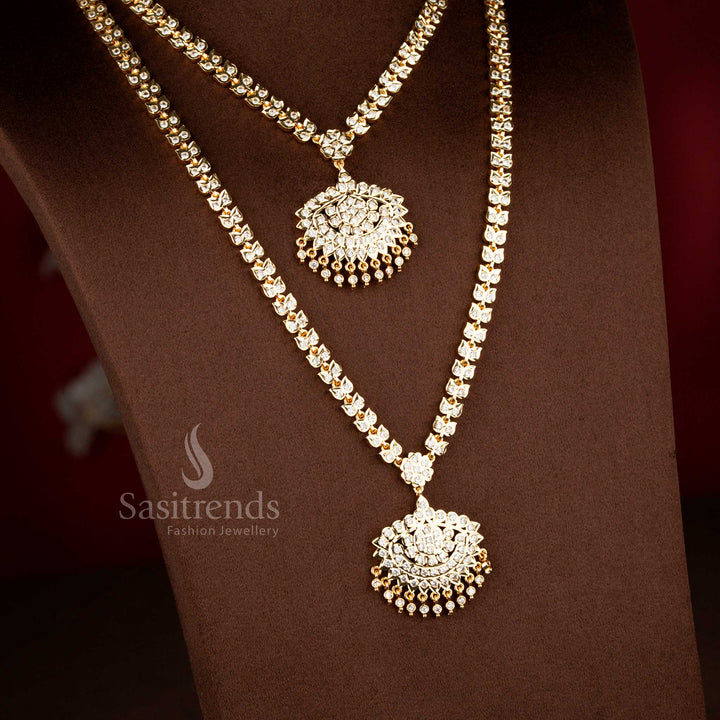Impon Addigai double layer micro gold plated necklace with white AD stone detailing, featuring a structured linked chain design and traditional dome pendant by Sasitrends
