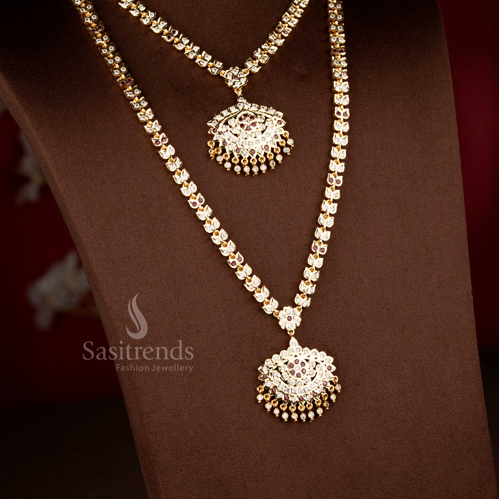Impon Addigai double layer necklace with white ruby AD stones, micro gold plated finish and structured linked chain design by Sasitrends
