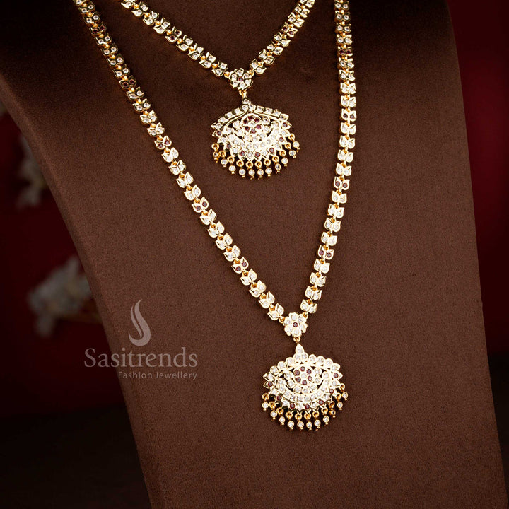 Impon Addigai double layer necklace with white ruby AD stones, micro gold plated finish and structured linked chain design by Sasitrends
