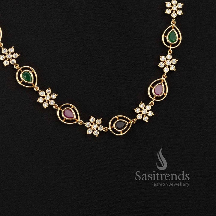 Sasitrends Impon Addigai 24K pure gold plated jewellery featuring connected floral motifs and pear-shaped AD stone elements across the necklace 
