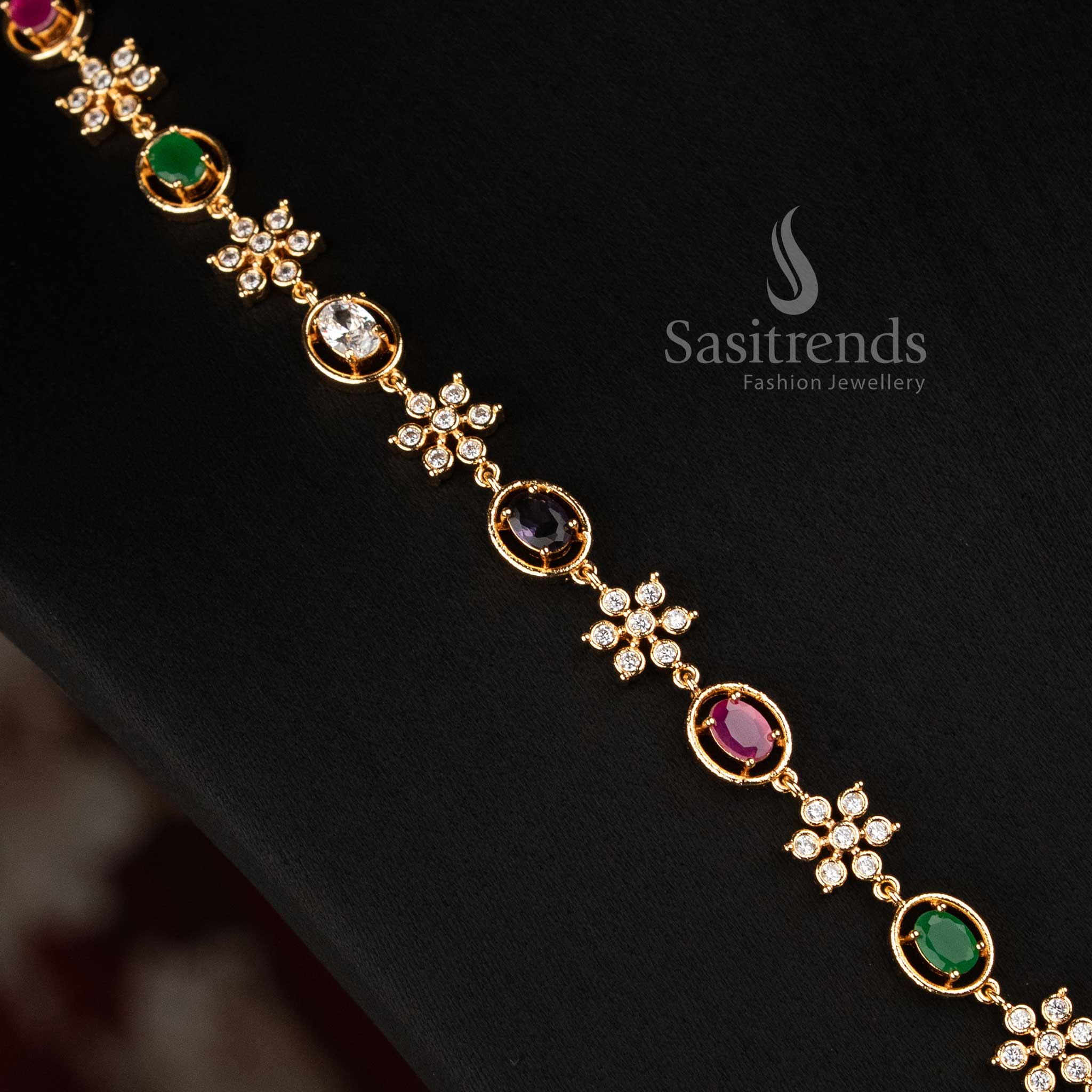 Sasitrends micro gold plated fashionable necklace set showcasing floral stone clusters, rounded settings and a coordinated earring design 