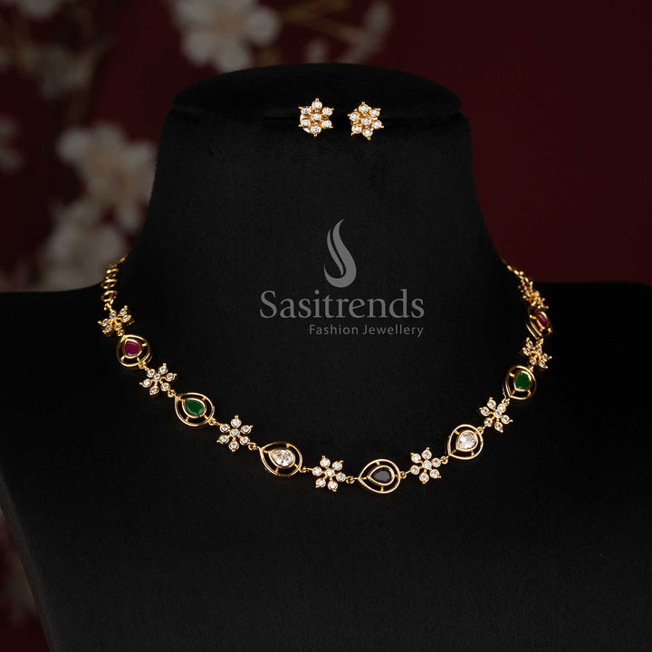 Sasitrends Impon Addigai long micro gold plated floral AD stone jewellery set