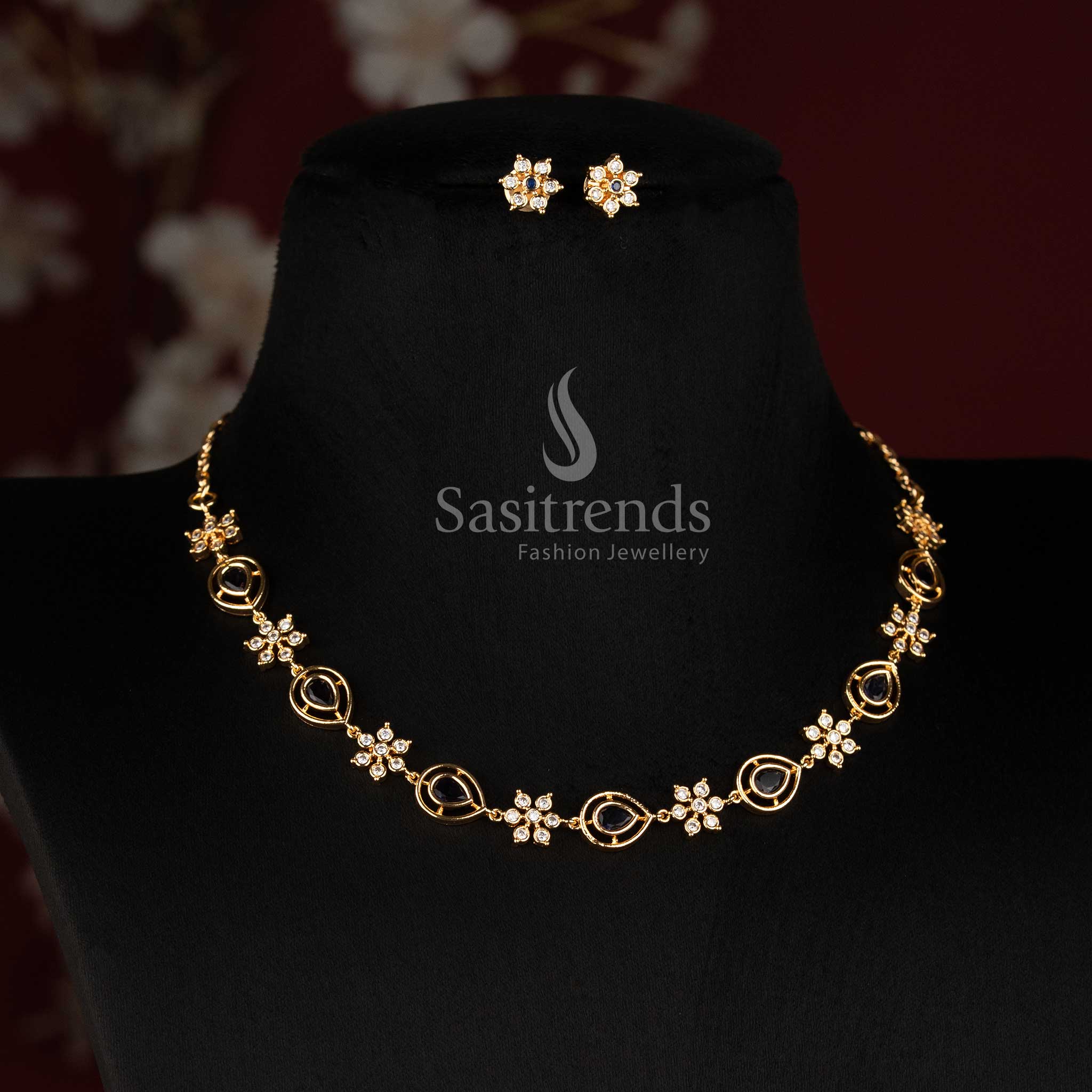 Sasitrends Impon Addigai long micro gold plated floral pear shaped necklace set